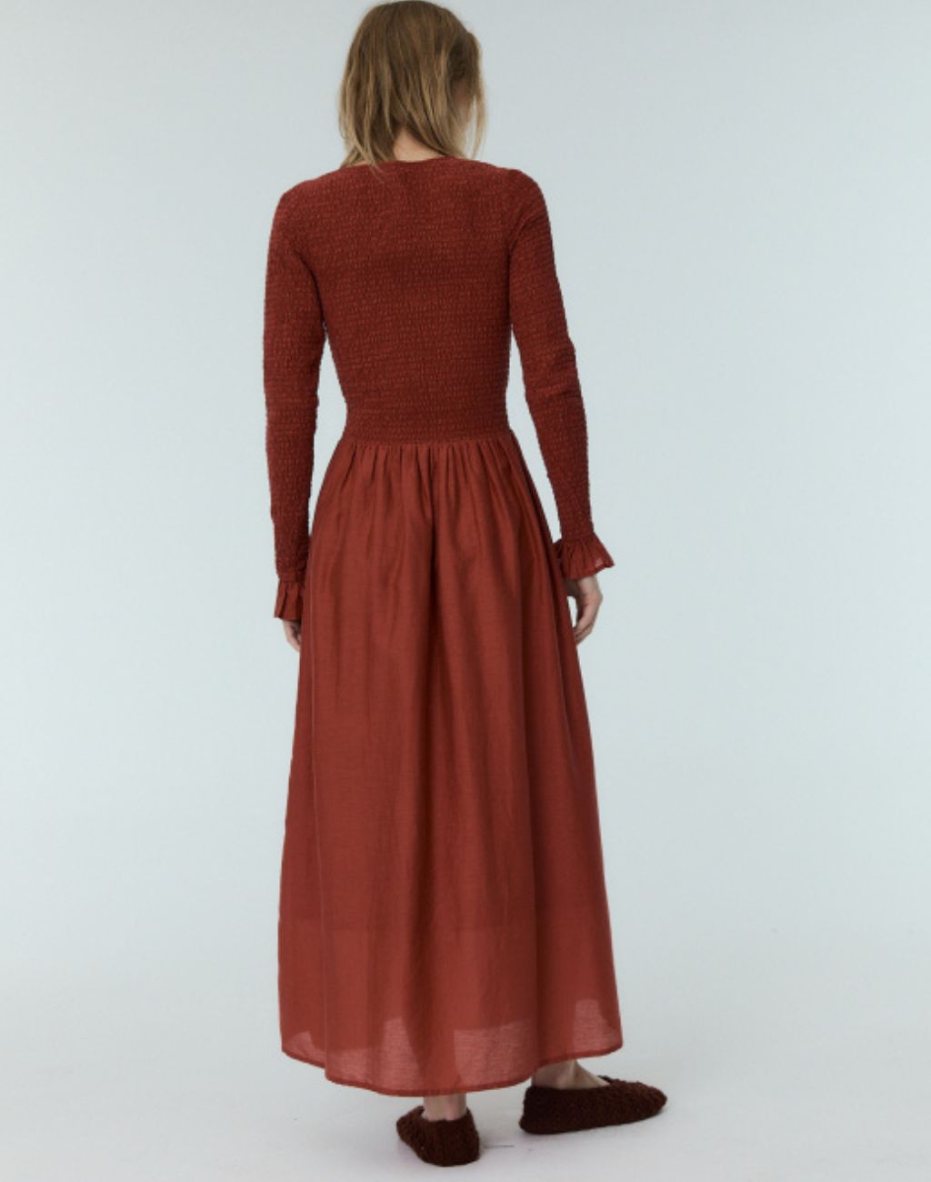 Altair Dress in Ruby with Smocked Bodice and Sleeves