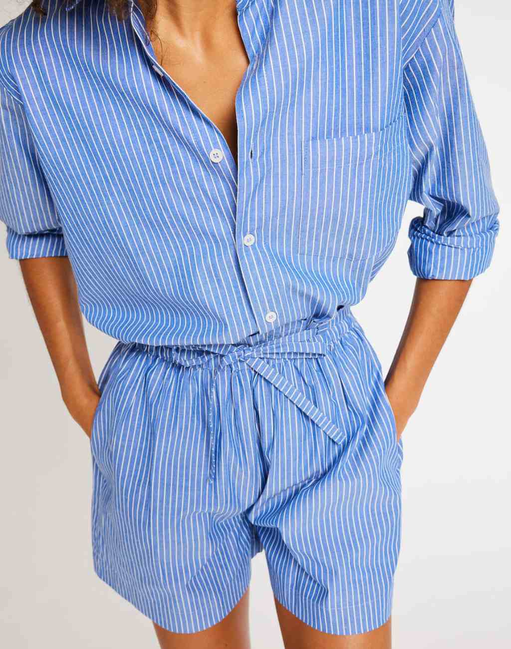 Cary Short in Blue and White Stripe | Elastic Waist with Drawstring and Side Pockets