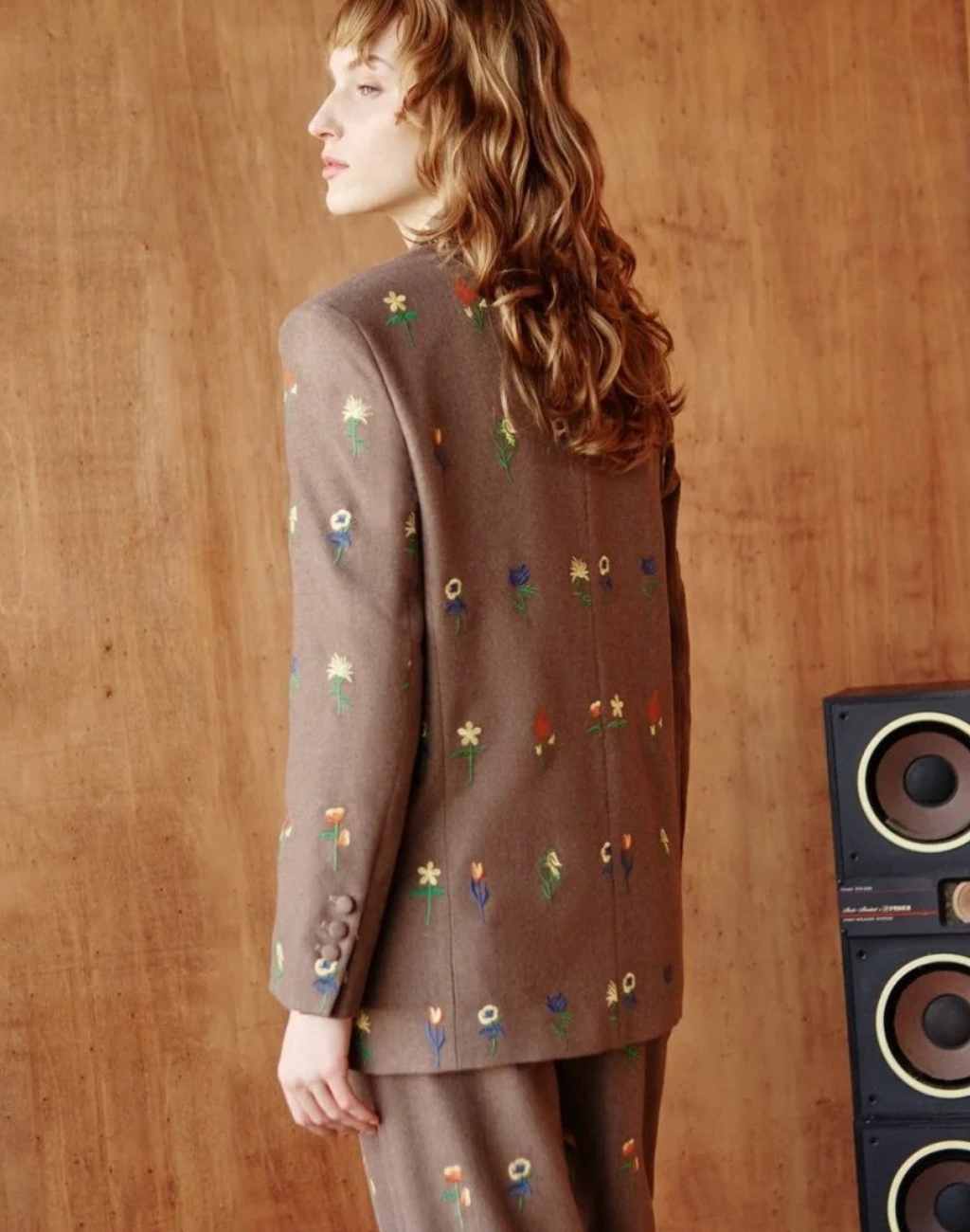 Chestnut Double Breasted Blazer with Floral Embroidery and Flannel Interior