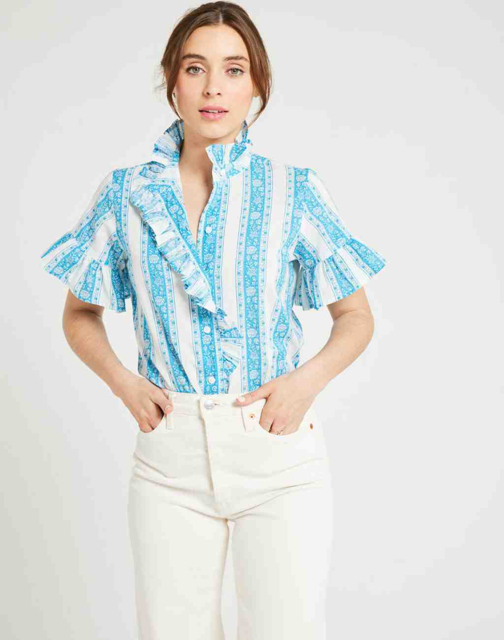 Vanessa Top In Aqua Jaipur Stripe with Ruffled Collar and Short Sleeves