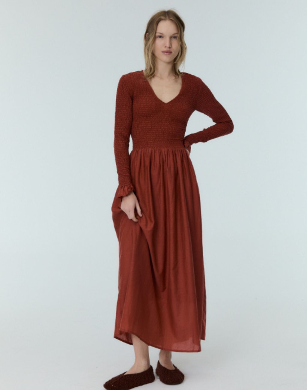 Altair Dress in Ruby with Smocked Bodice and Sleeves