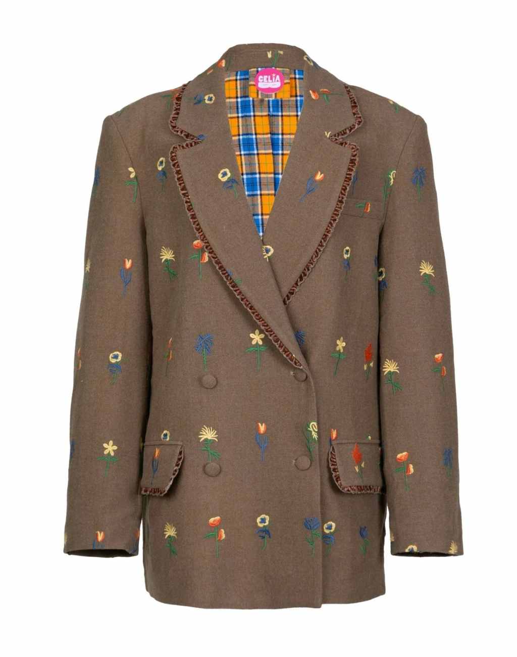 Chestnut Double Breasted Blazer with Floral Embroidery and Flannel Interior