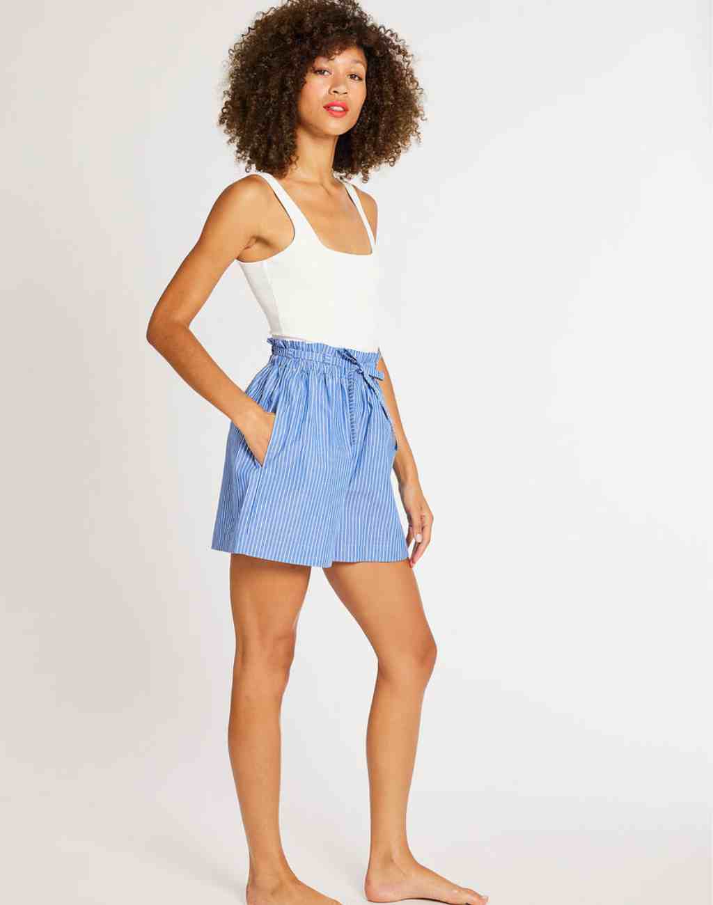 Cary Short in Blue and White Stripe | Elastic Waist with Drawstring and Side Pockets