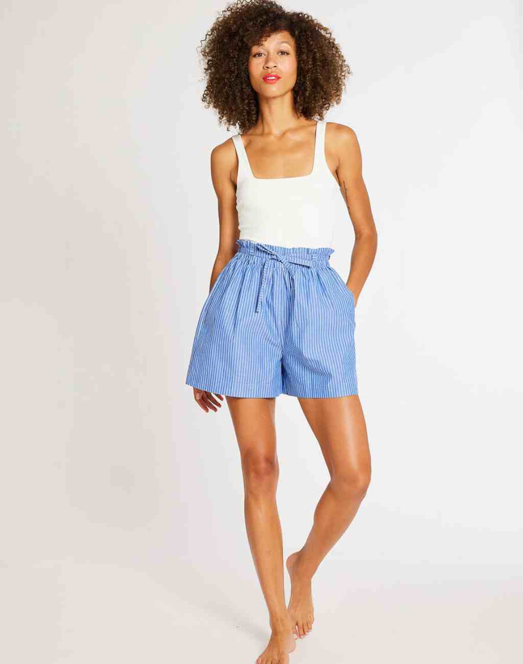 Cary Short in Blue and White Stripe | Elastic Waist with Drawstring and Side Pockets