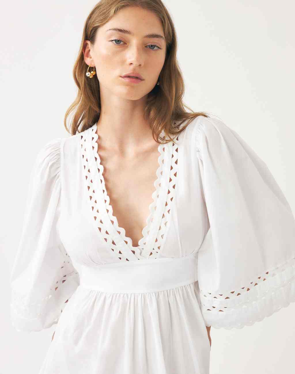 Cotton Poplin White Maxi Dress with Openwork and Scalloped Ribbon Detail