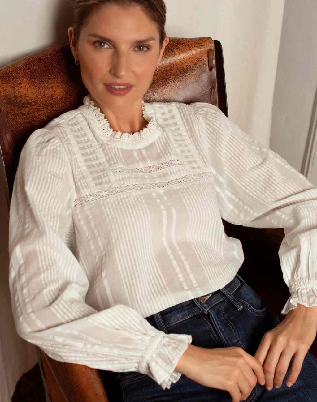 White Ruby Blouse with Pintucks at Neck and Hem | Seersucker and Lace Details - Visit Nifty Ophelia &amp; Indigo 