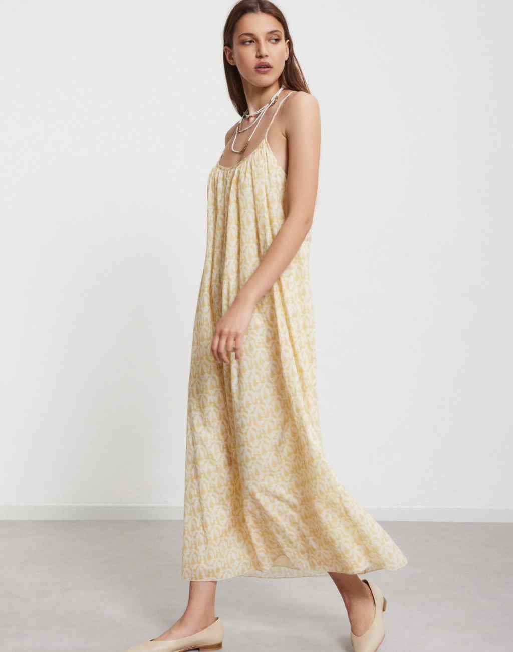 Printed Cotton Midi Dress with Thin Straps