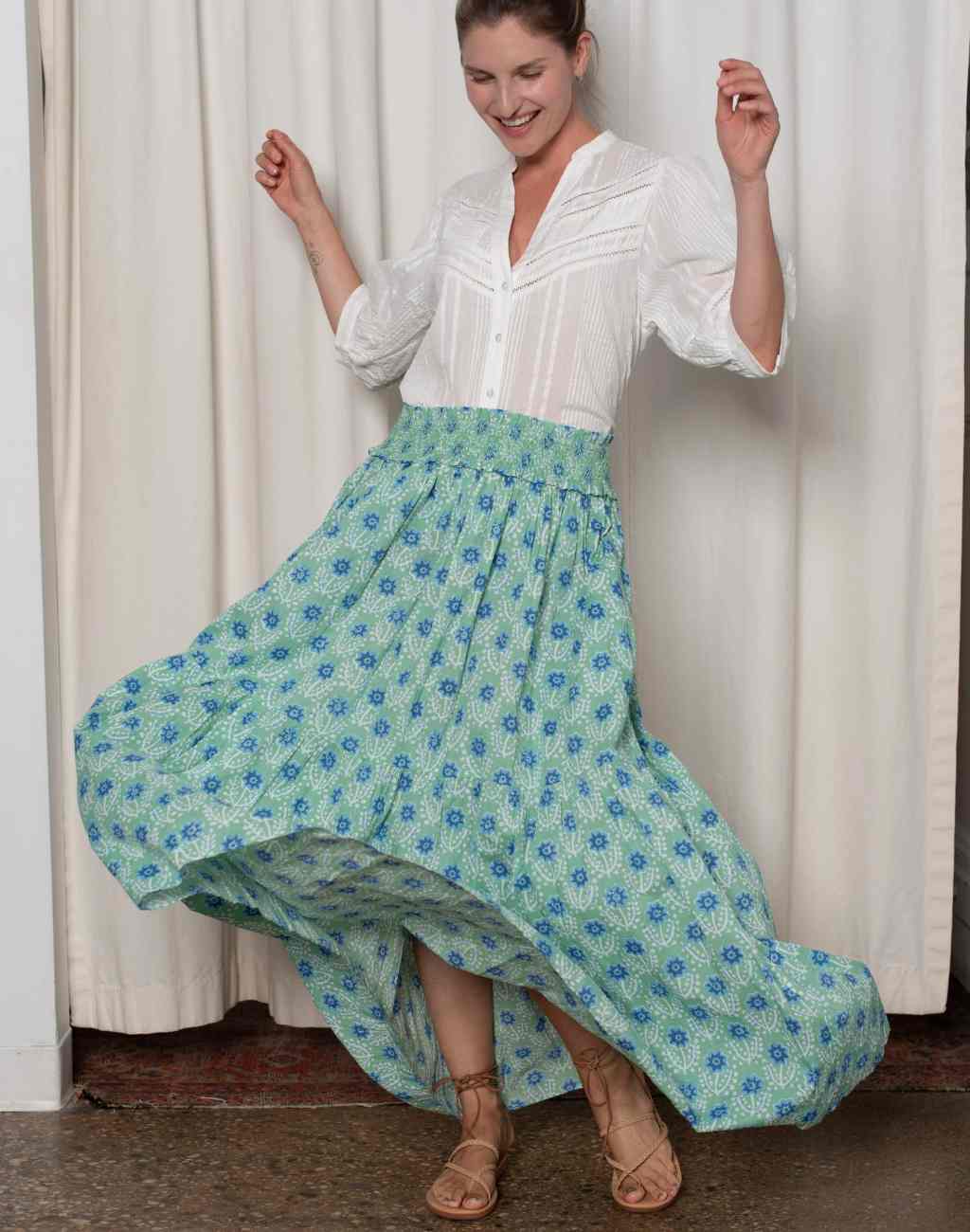 Sylvie Skirt in Green and Blue Azalea Print