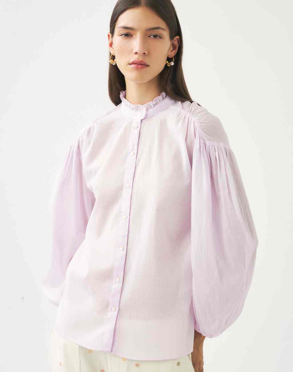 Cotton Voile Lightweight Anna Blouse in Lilac with Shoulder Pleats, Ruffled Collar, and Balloon Sleeves