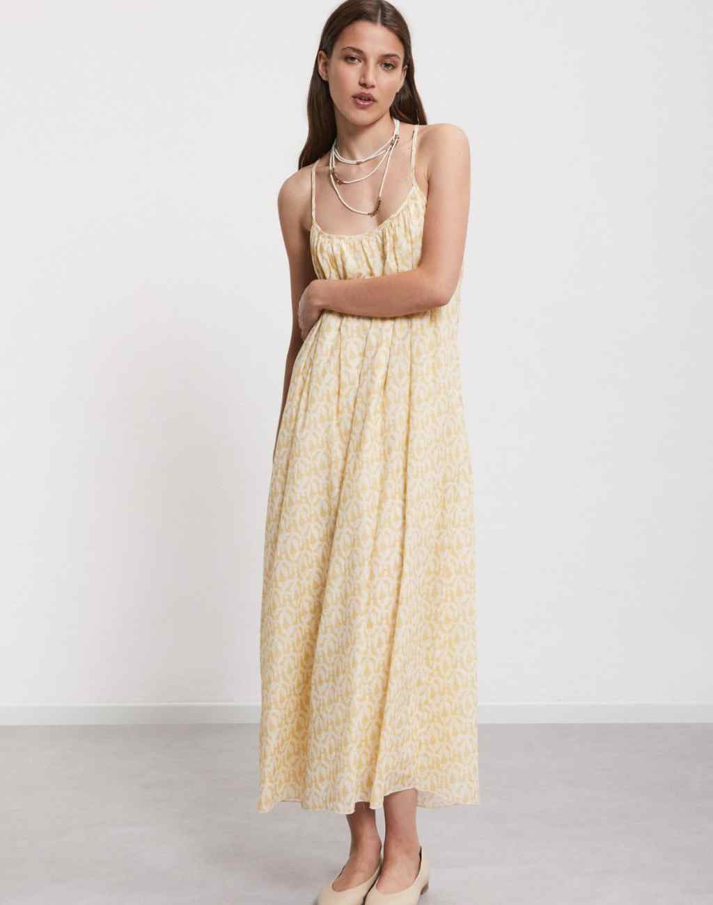 Printed Cotton Midi Dress with Thin Straps