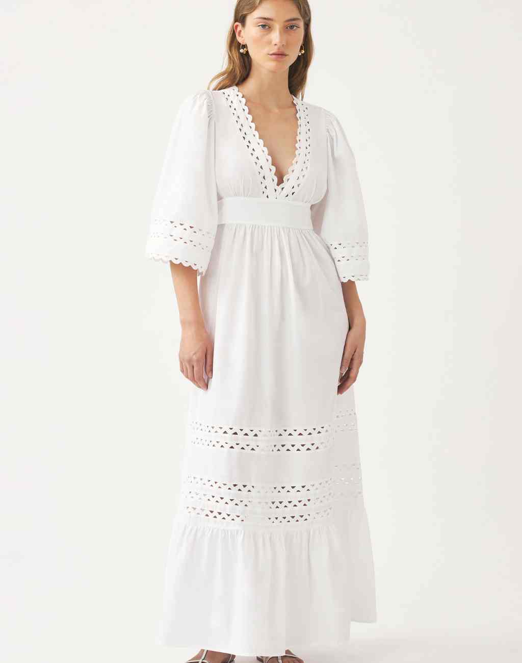 Cotton Poplin White Maxi Dress with Openwork and Scalloped Ribbon Detail