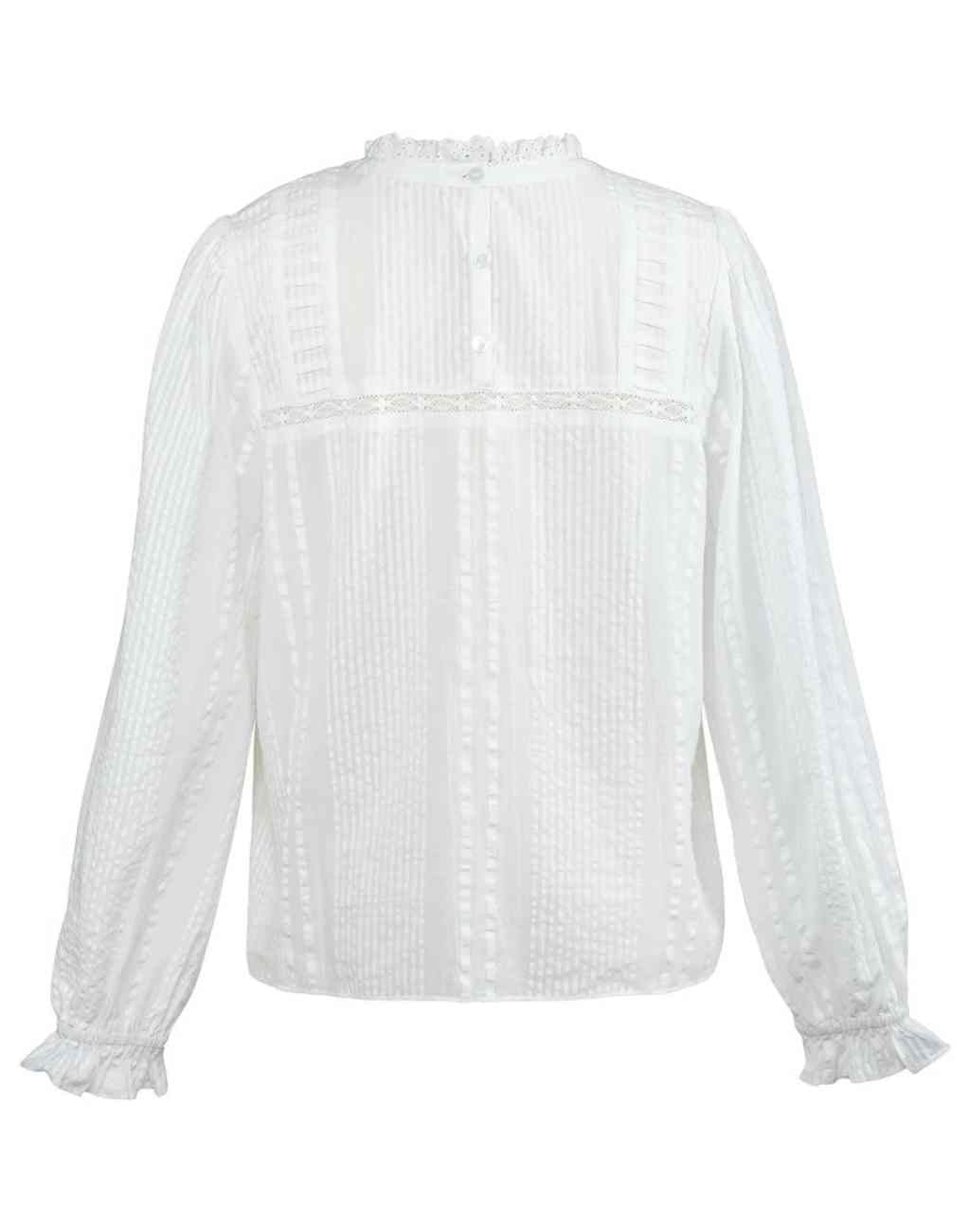 White Ruby Blouse with Pintucks at Neck and Hem | Seersucker and Lace Details - Visit Nifty Ophelia &amp; Indigo 