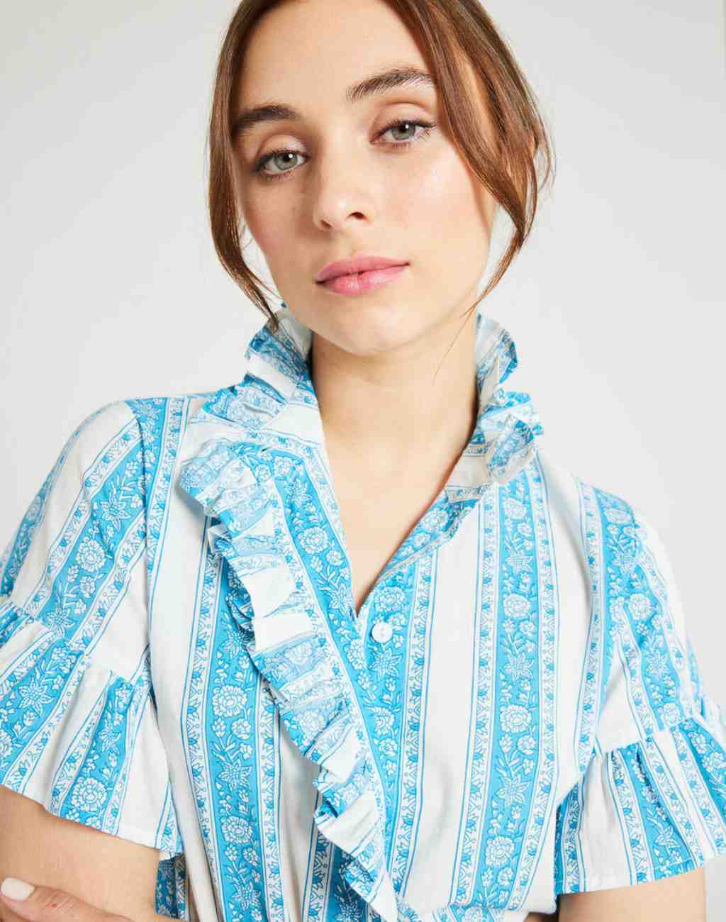 Vanessa Top In Aqua Jaipur Stripe with Ruffled Collar and Short Sleeves