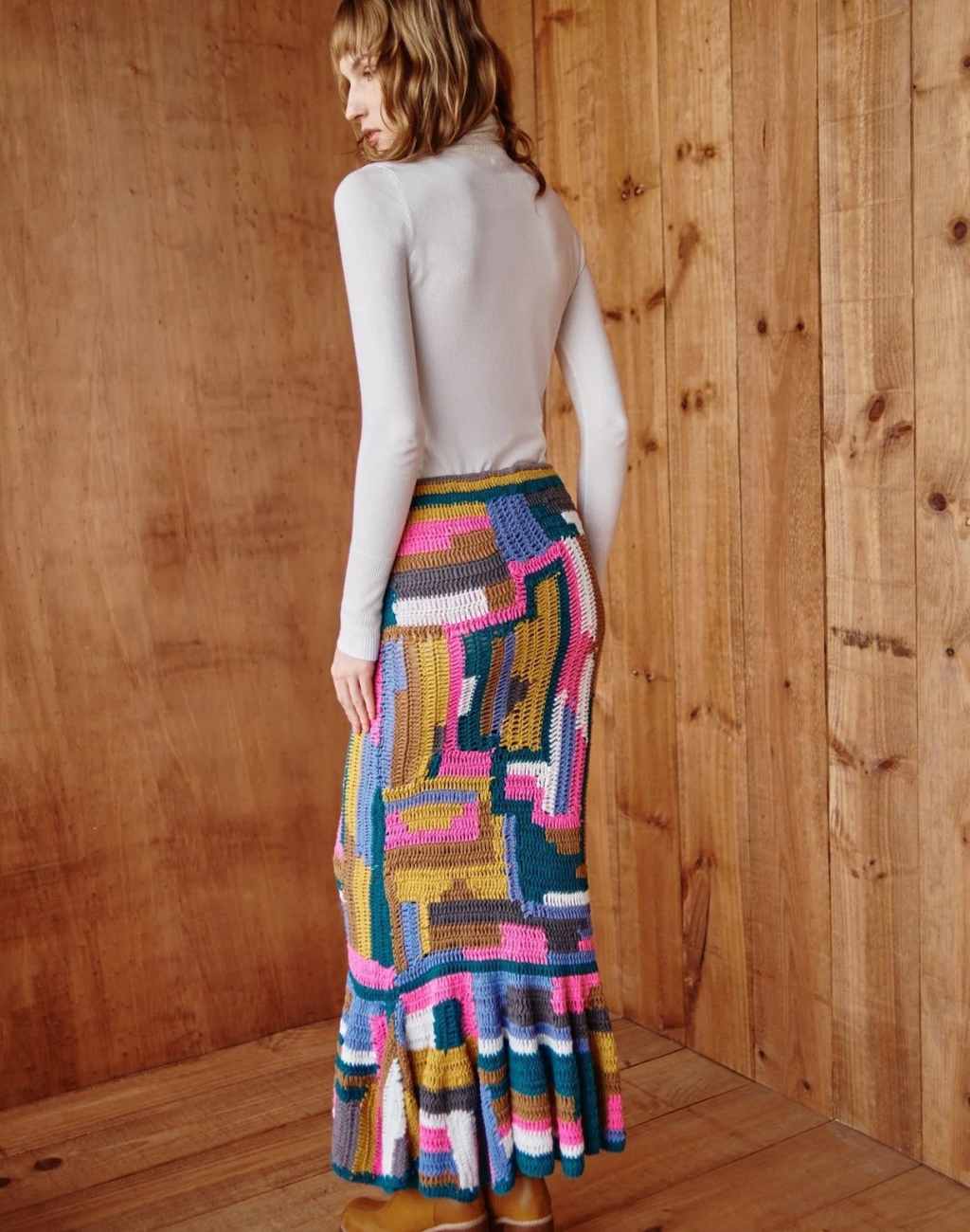 Cravina Crochet Maxi Skirt with Eclectic Patchwork Pattern and Ruffled Hem