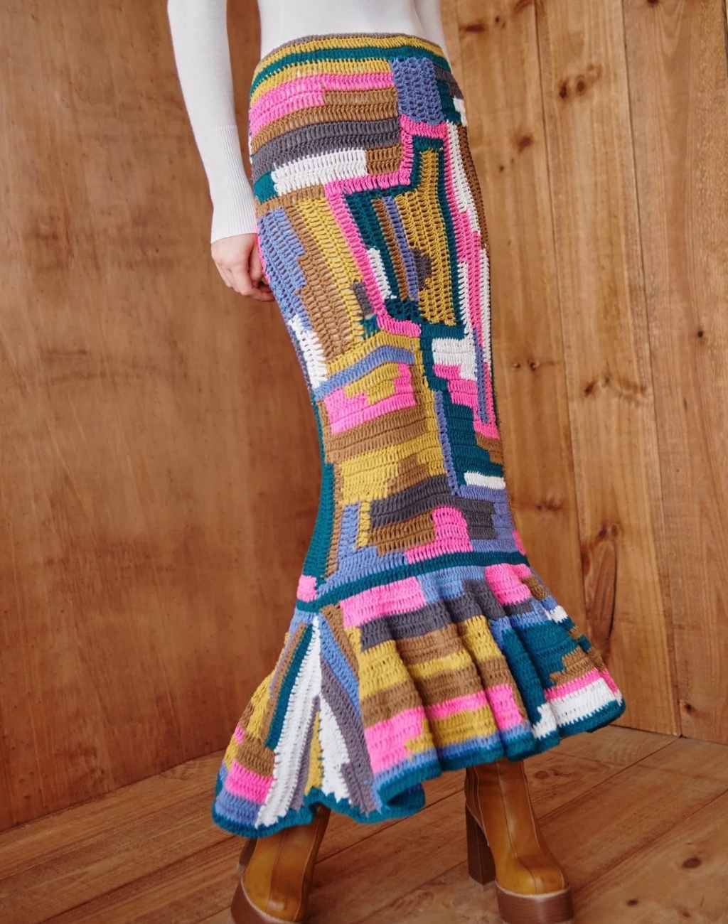 Cravina Crochet Maxi Skirt with Eclectic Patchwork Pattern and Ruffled Hem