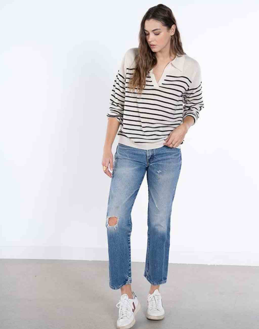 Striped Cashmere Eddie Sweater with V-Neck and Collar - Visit Nifty ParrishLA 