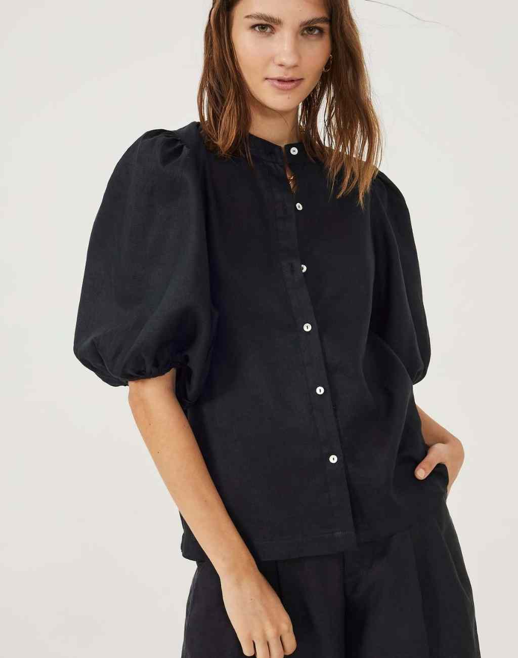 Puffed Sleeve Black Linen Top | Feminine and Flattering | Button Front - Visit Nifty Lanhtropy 