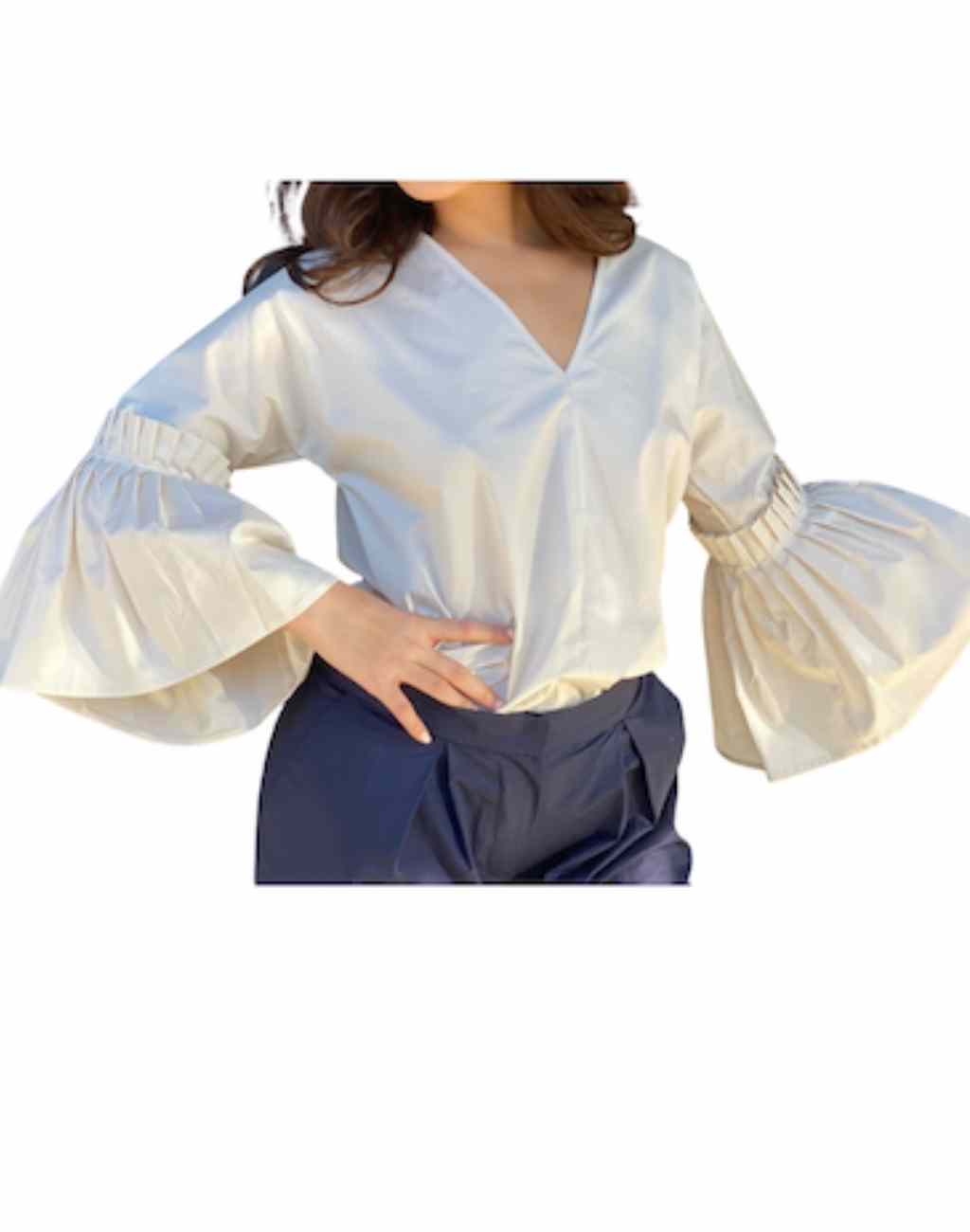 Classic White Poplin Molly Blouse with V-Neck | Pleated Flared Sleeves - Visit Nifty Monica Nera 