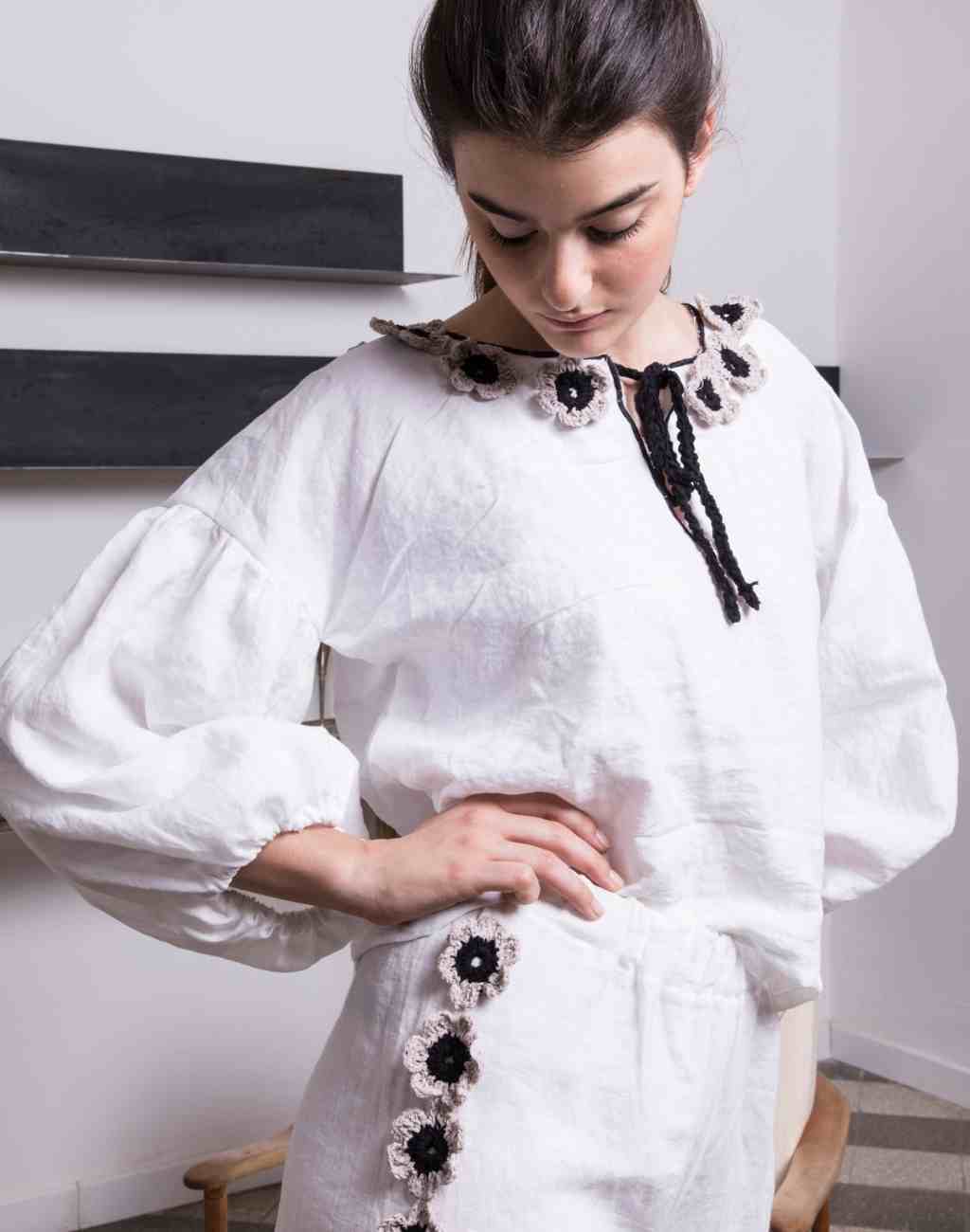 White loulou Linen Blouse with Balloon Sleeves | Black and Beige Crocheted Flowers - Visit Nifty Nina Leuca 