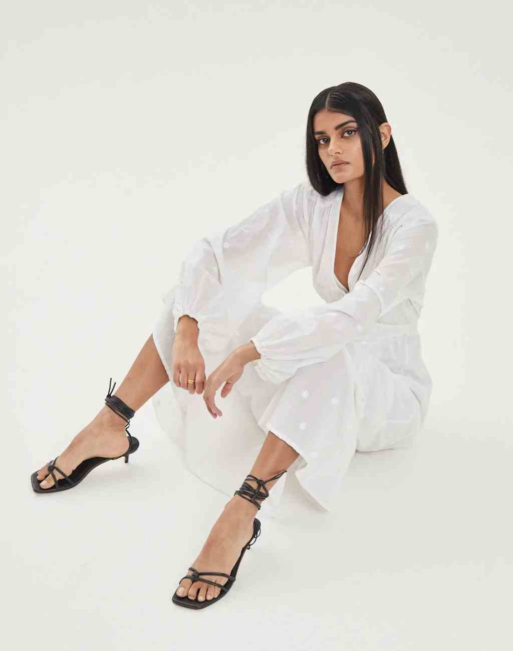 Asri Dreamer White Maxi Dress with Sun and Moon Embroidered Motifs - Visit Nifty Kinga Csilla 