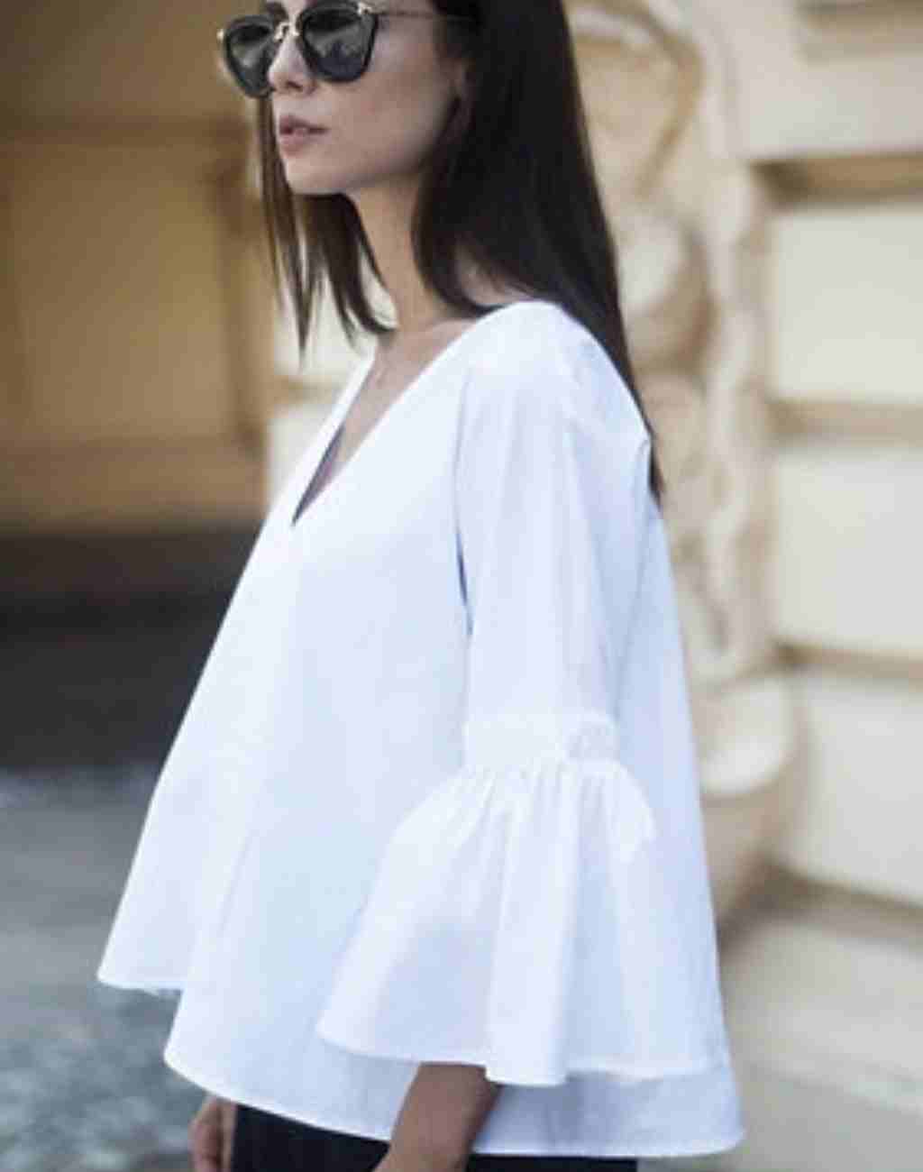 Classic White Poplin Molly Blouse with V-Neck | Pleated Flared Sleeves - Visit Nifty Monica Nera 