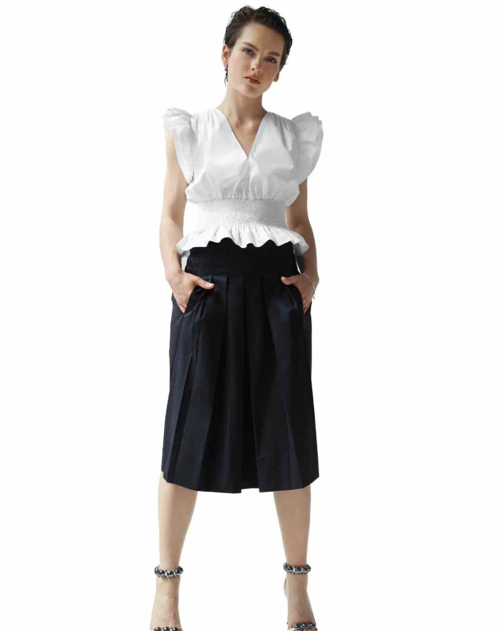 White Cathy Top with Tiered Ruffle Sleeves and Smocked Waist - Visit Nifty Monica Nera 