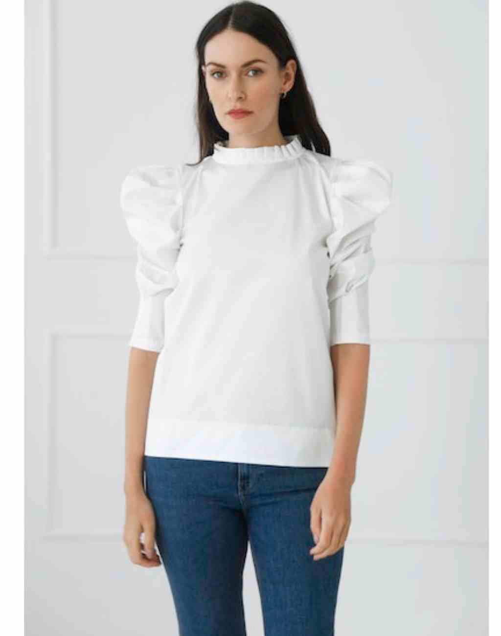 Classic White Poplin Irina Shirt | Ruffled Collar with Back Tie | Puffed Sleeves - Visit Nifty Monica Nera 