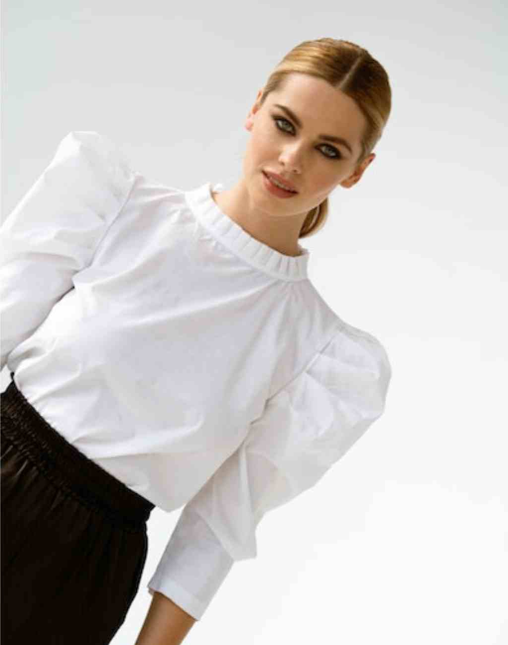 Classic White Poplin Irina Shirt | Ruffled Collar with Back Tie | Puffed Sleeves - Visit Nifty Monica Nera 