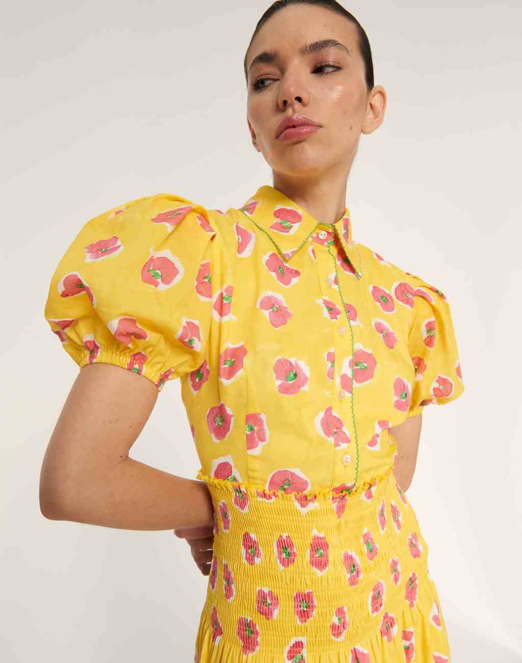 Begonia Print Mote Dress with Puffed Sleeves and Shirred Waist - Visit Nifty De Loreta 