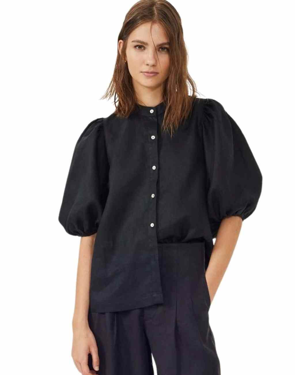 Puffed Sleeve Black Linen Top | Feminine and Flattering | Button Front - Visit Nifty Lanhtropy 