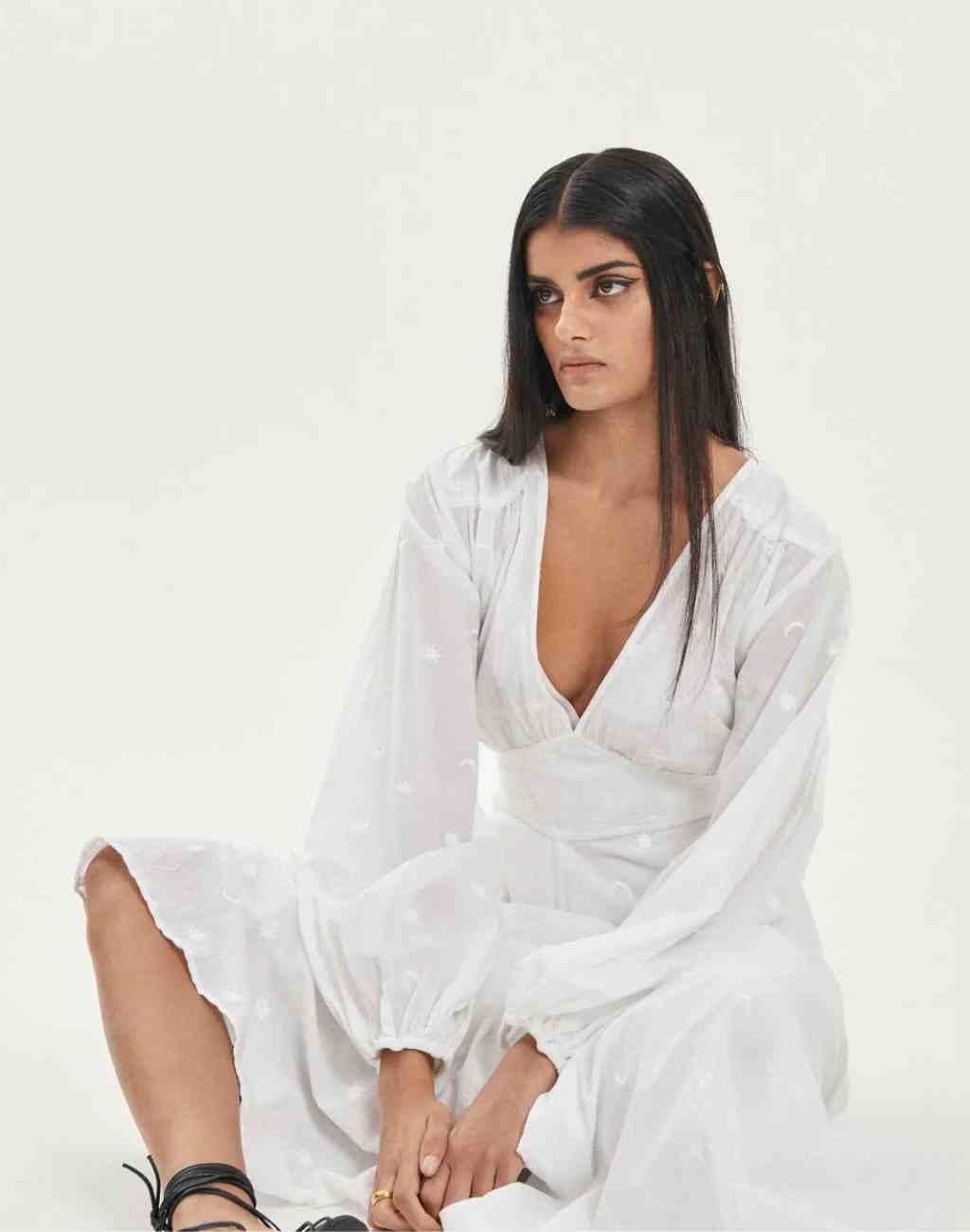 Asri Dreamer White Maxi Dress with Sun and Moon Embroidered Motifs - Visit Nifty Kinga Csilla 