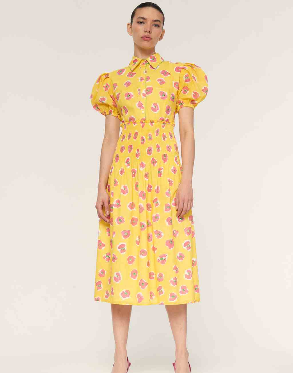 Begonia Print Mote Dress with Puffed Sleeves and Shirred Waist - Visit Nifty De Loreta 