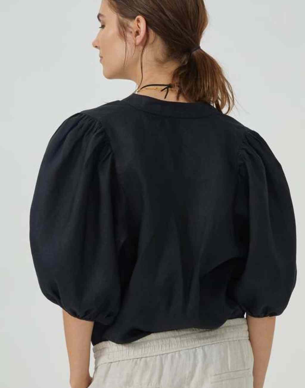 Puffed Sleeve Black Linen Top | Feminine and Flattering | Button Front - Visit Nifty Lanhtropy 