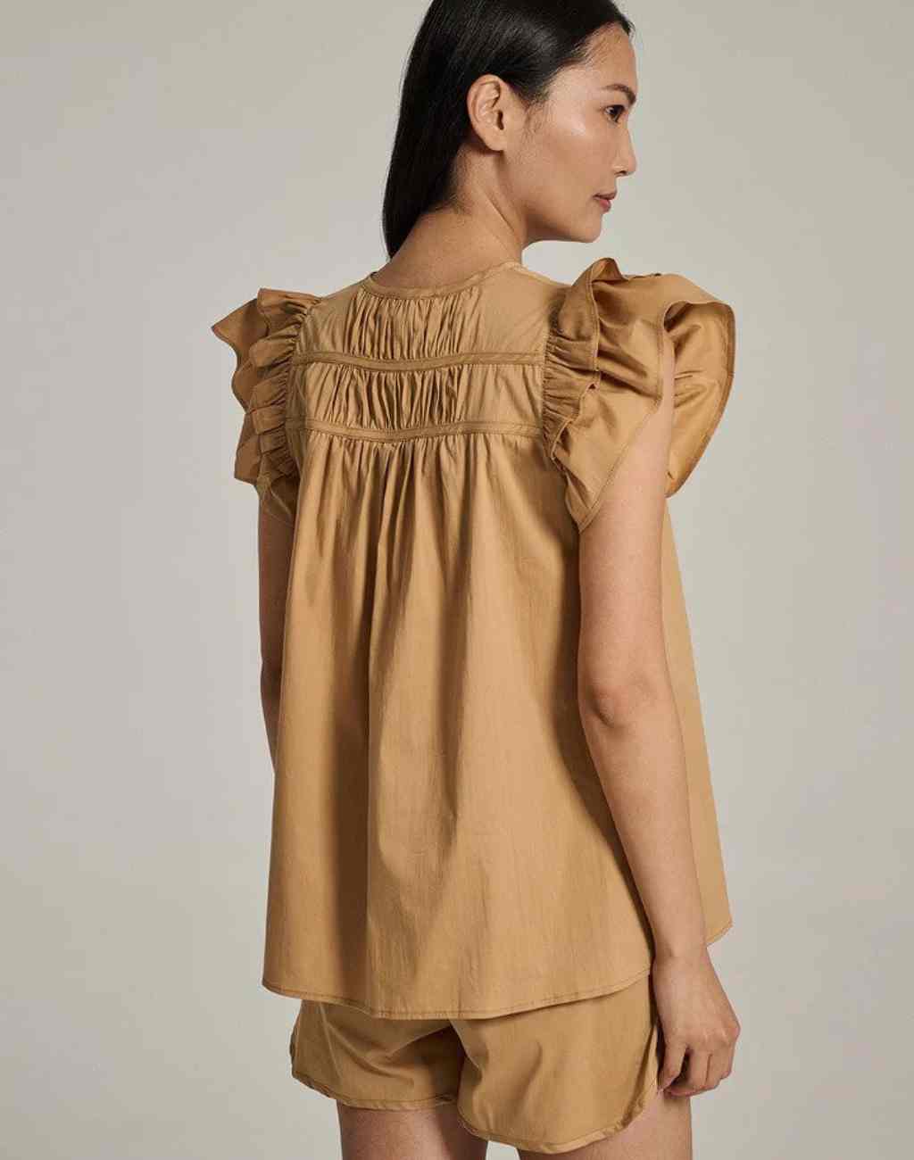 Kunzitis Blouse with Tiered Flutter Sleeves, Pintuck Details and Ties | Beige or White - Visit Nifty Devotion Twins 