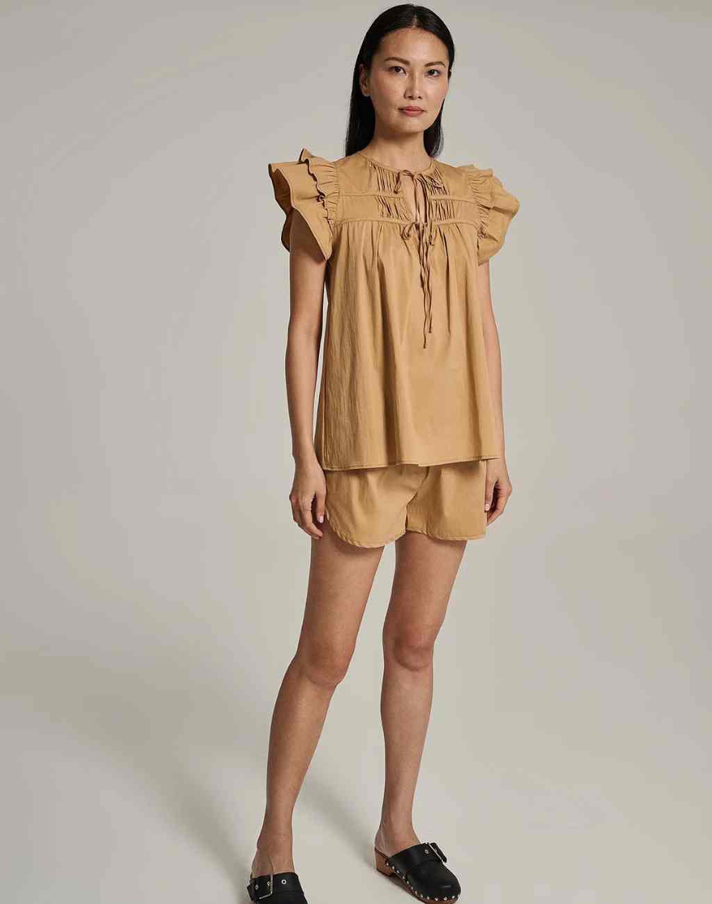 Kunzitis Blouse with Tiered Flutter Sleeves, Pintuck Details and Ties | Beige or White - Visit Nifty Devotion Twins 