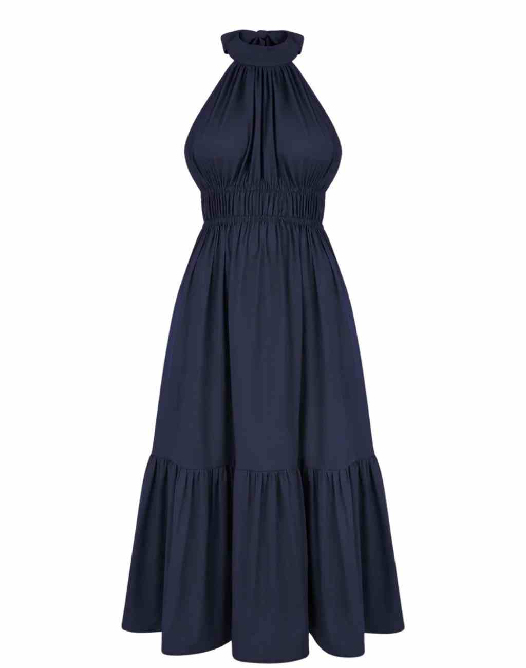 Navy Harper Midi Halter Dress with Smocked Waist - Visit Nifty Monica Nera 